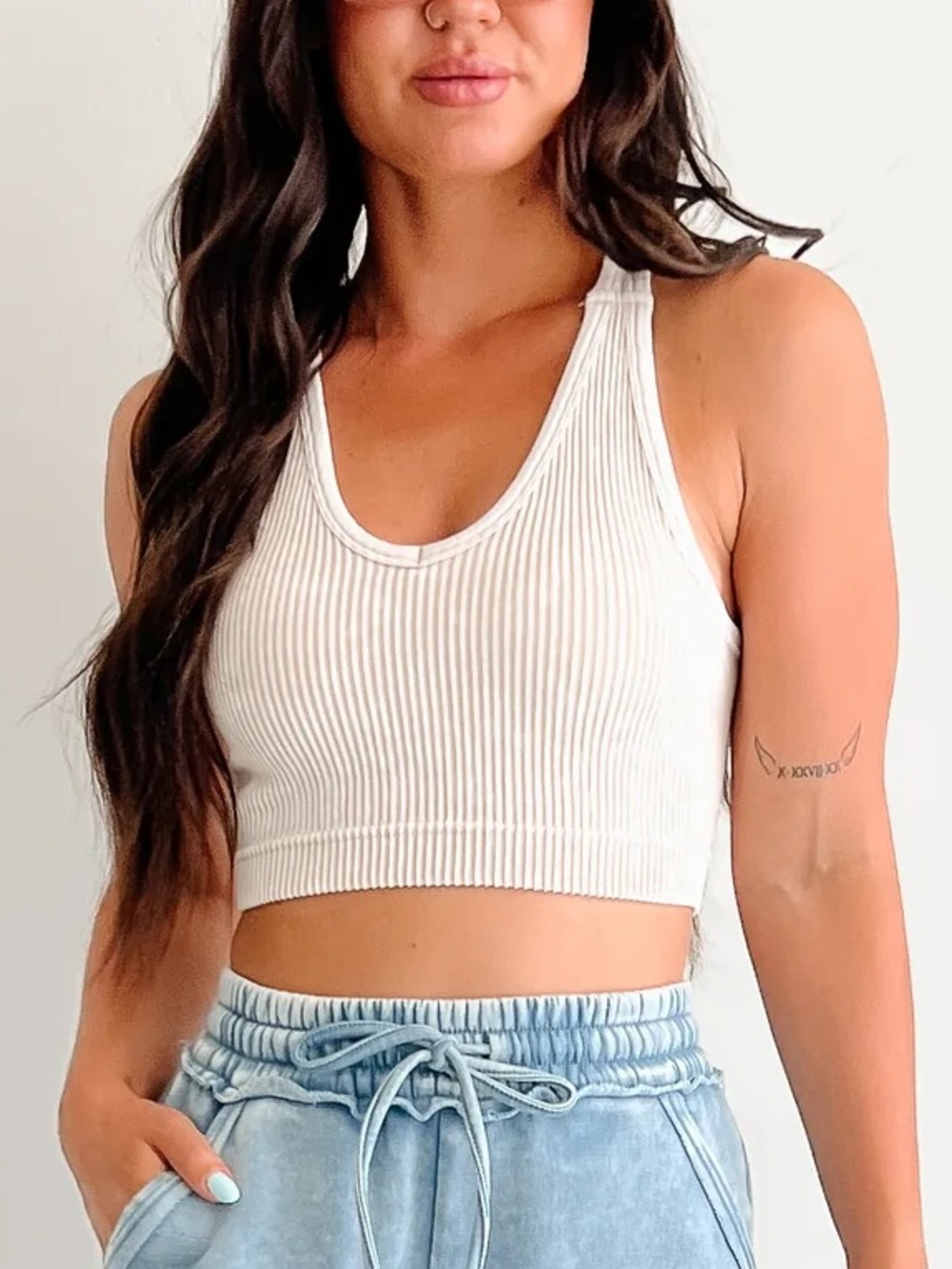 Lead Like Her Ribbed V Neck Zenana Crop Top (Sand Beige)